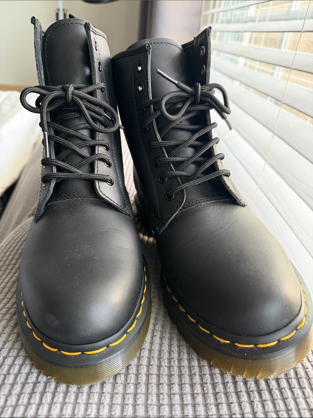 Dr. Martens Black Leather Work Boots Slip Resistant soles oil resistant uppers.
